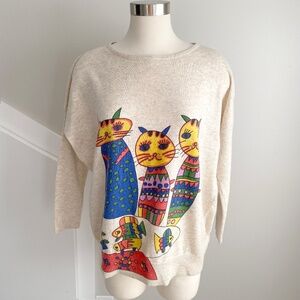 Paper Plane Colorful Artsy Cat Graphic Sweater - Size M
